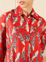 Women's Red Casual Printed Regular Fit Full Sleeves Shirt