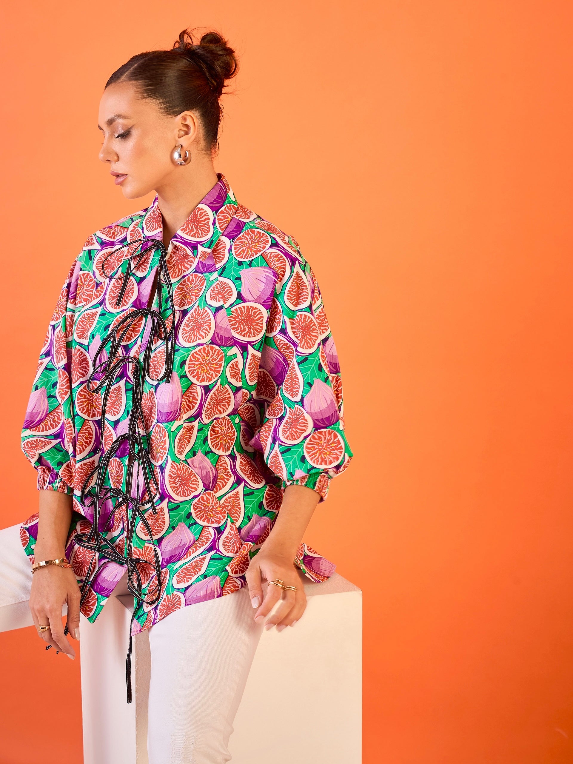 Women's Multicolor Casual Printed Tie-Up Cotton Shirt