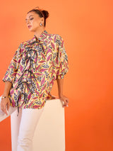 Women's Multicolor Casual Printed Tie-Up Cotton Shirt