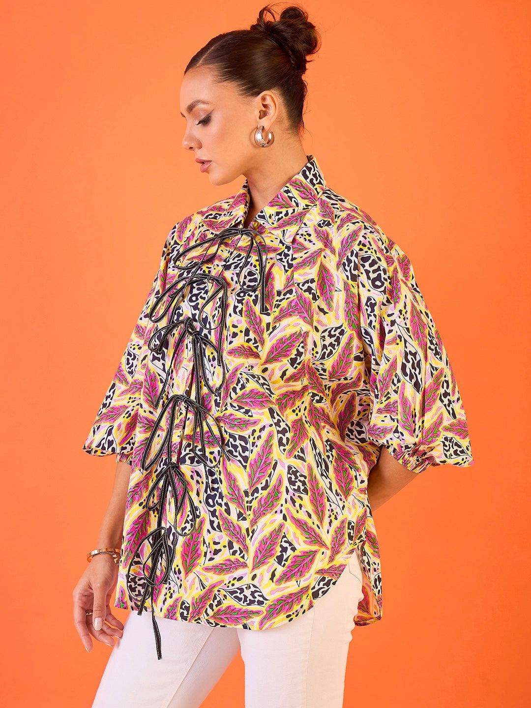 Women's Multicolor Casual Printed Tie-Up Cotton Shirt