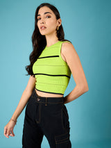 Women's Green Casual Stretchable Ribbed Sleeveless Crop Top