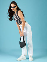 Women's Black Casual Stretchable Ribbed Sleeveless Crop Top