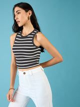 Women's Black Casual Stretchable Ribbed Sleeveless Crop Top