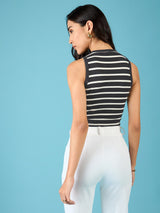 Women's Black Casual Stretchable Ribbed Sleeveless Crop Top