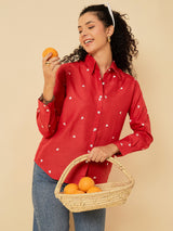 Women's Red Casual All Over Embroidered Linen Shirt