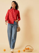 Women's Red Casual All Over Embroidered Linen Shirt