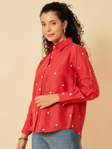Women's Red Casual All Over Embroidered Linen Shirt