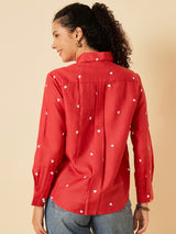 Women's Red Casual All Over Embroidered Linen Shirt