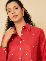 Women's Red Casual All Over Embroidered Linen Shirt