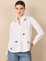 Women's White Casual All Over Embroidered Linen Shirt