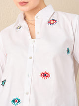 Women's White Casual All Over Embroidered Linen Shirt