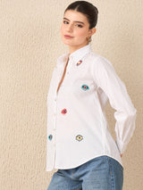 Women's White Casual All Over Embroidered Linen Shirt