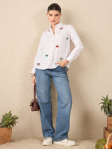 Women's White Casual All Over Embroidered Linen Shirt