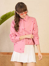 Women's Pink Casual All Over Embroidered Linen Shirt