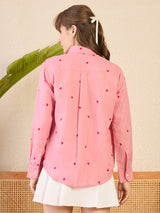 Women's Pink Casual All Over Embroidered Linen Shirt