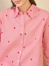 Women's Pink Casual All Over Embroidered Linen Shirt