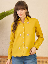 Women's Yellow Casual All Over Embroidered Linen Shirt