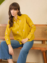Women's Yellow Casual All Over Embroidered Linen Shirt