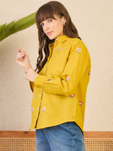 Women's Yellow Casual All Over Embroidered Linen Shirt