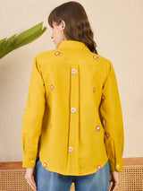 Women's Yellow Casual All Over Embroidered Linen Shirt