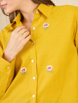 Women's Yellow Casual All Over Embroidered Linen Shirt