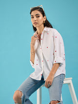 Women's White Casual All Over Embroidered Linen Shirt