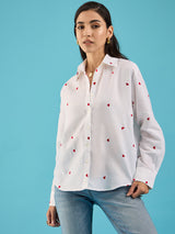 Women's White Casual All Over Embroidered Linen Shirt
