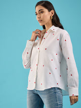 Women's White Casual All Over Embroidered Linen Shirt