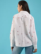 Women's White Casual All Over Embroidered Linen Shirt