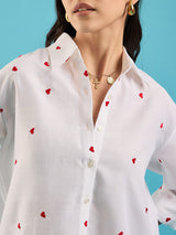 Women's White Casual All Over Embroidered Linen Shirt