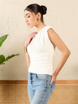 Women's White Casual Solid Regular Fit Sleeveless Tops