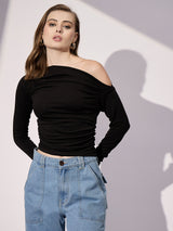 Women's Black Casual Stretchable Asymmetrical Ruched Top