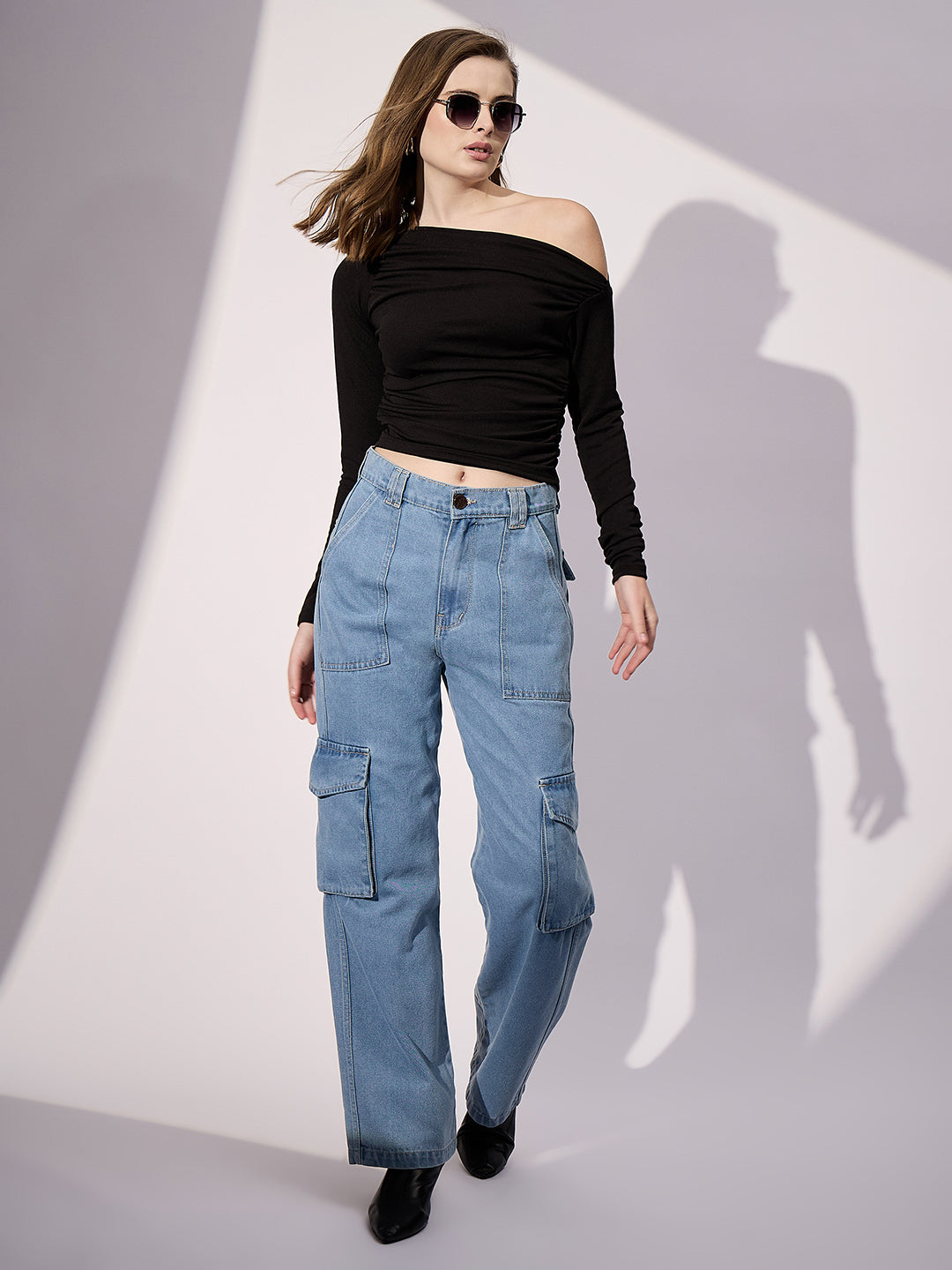 Women's Black Casual Stretchable Asymmetrical Ruched Top