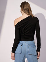 Women's Black Casual Stretchable Asymmetrical Ruched Top