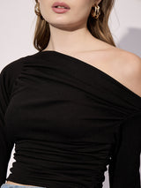 Women's Black Casual Stretchable Asymmetrical Ruched Top