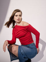 Women's Red Casual Stretchable Asymmetrical Ruched Top