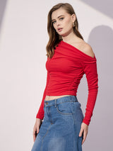Women's Red Casual Stretchable Asymmetrical Ruched Top
