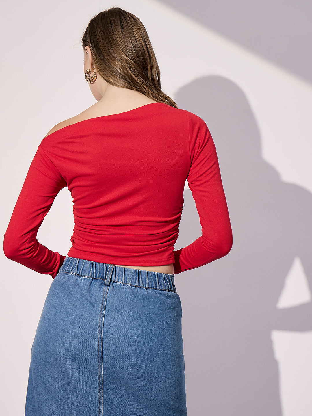 Women's Red Casual Stretchable Asymmetrical Ruched Top