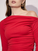 Women's Red Casual Stretchable Asymmetrical Ruched Top