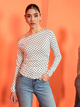Women's White Casual Printed Regular Fit Full Sleeves Tops