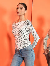 Women's White Casual Printed Regular Fit Full Sleeves Tops