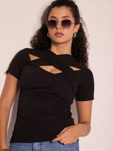 Women's Black Casual Solid Regular Fit Half Sleeves Tops