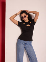 Women's Black Casual Solid Regular Fit Half Sleeves Tops