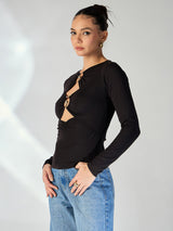 Women's Black and Golden Casual Cut-Out Top