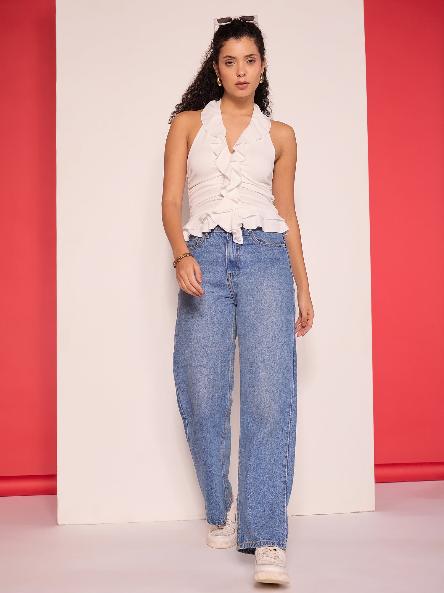 Women's White Casual Ruffled Halter Neck Top