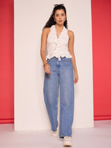 Women's White Casual Ruffled Halter Neck Top