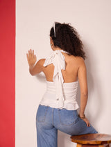 Women's White Casual Ruffled Halter Neck Top