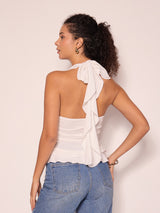 Women's White Casual Ruffled Halter Neck Top