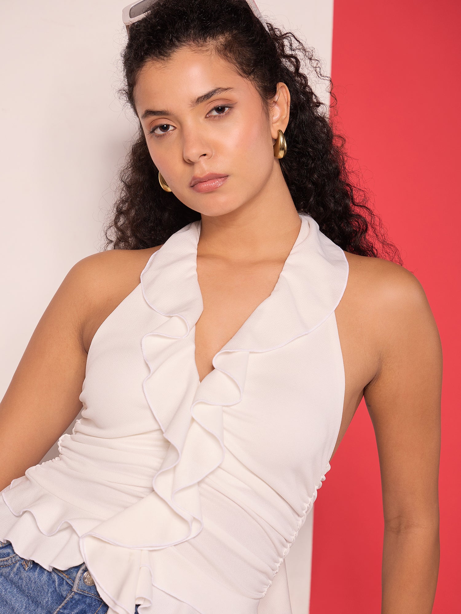 Women's White Casual Ruffled Halter Neck Top