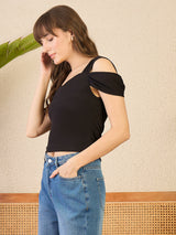 Women's Black Casual Stretchable Cold Shoulder Fitted Top
